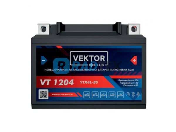 Купить  Аккумулятор 12в  4а (113x70x89) YB4L-B, YB4L-A, YTX4L-BS Vektor (шт) (VT 1204 купить с доставкой по Москве и России, цена, технические характеристики, комплектация фото  - motoserp.ru