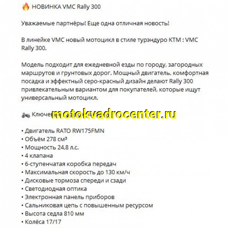 Купить  Мотоцикл внедорожный VMC Rally 300 (Тур-Эндуро)  ЭПТС, 300cc, двиг. Rato RW175FVN 4х клап, 17"/17" (шт) (VMC (фото купить с доставкой по Москве и России, цена, технические характеристики, комплектация фото  - motoserp.ru